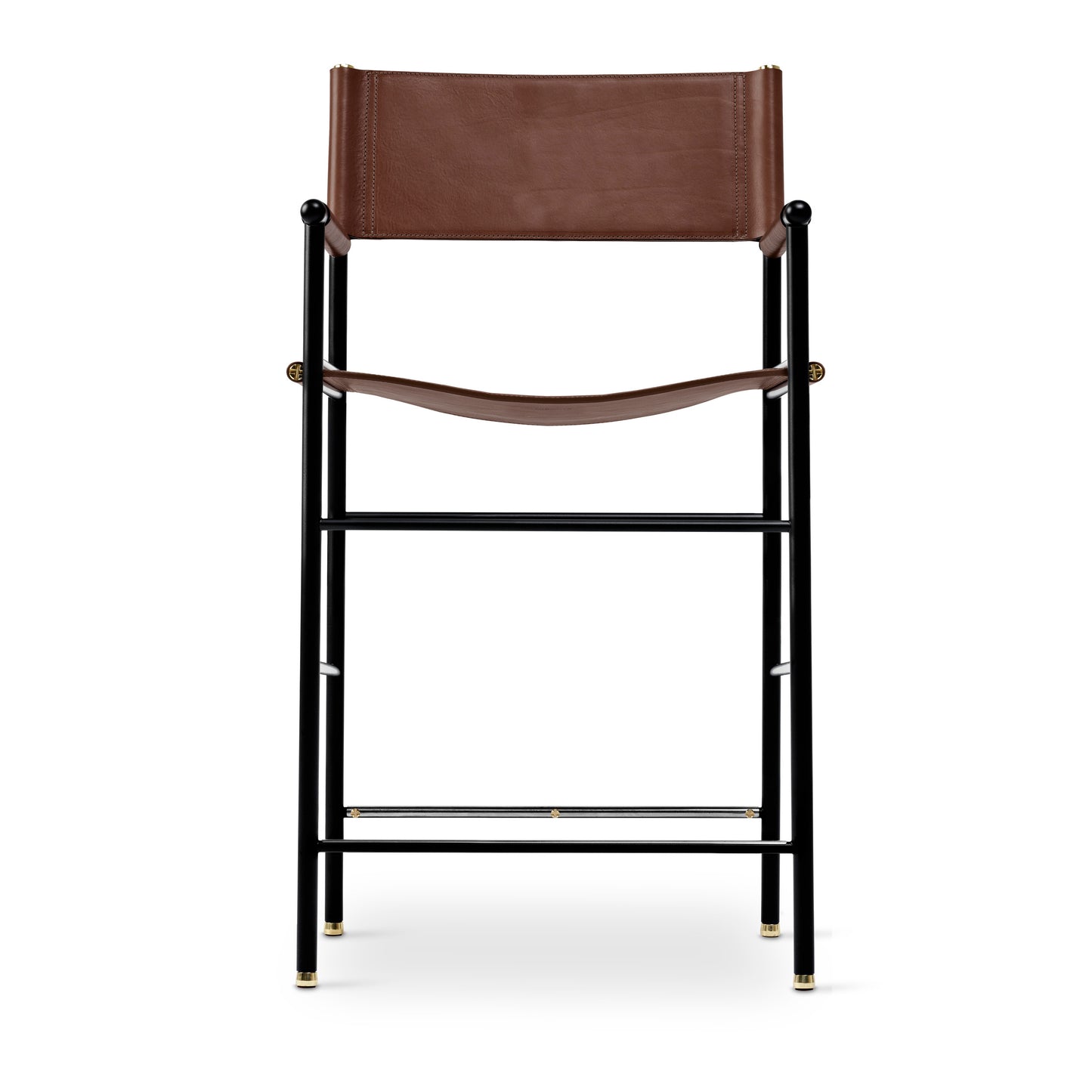Repose Bar Stool with Backrest - Cowhide Leather with Brass Accents