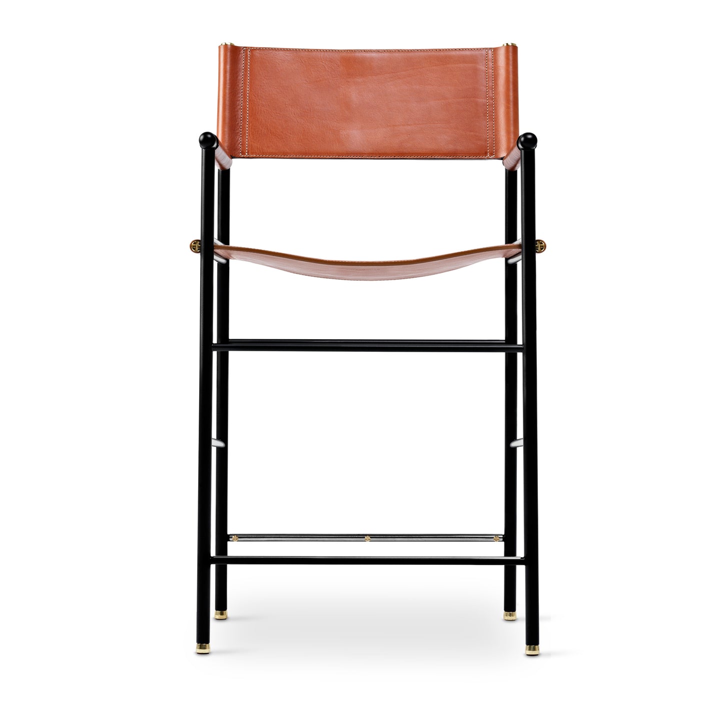 Repose Bar Stool with Backrest - Cowhide Leather with Brass Accents
