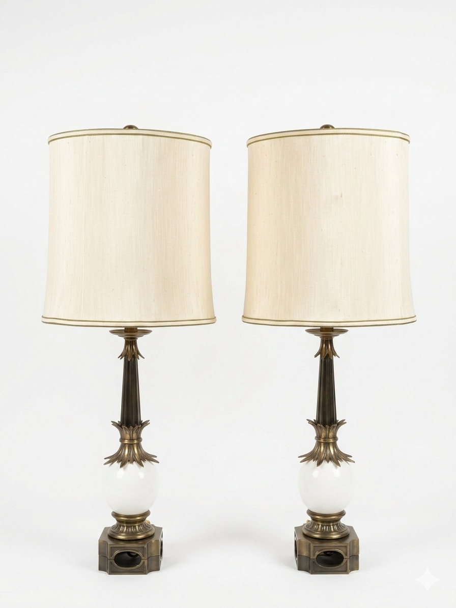 Pareja de Lámparas de Mesa Mid-Century en Bronce Patinado y Porcelana