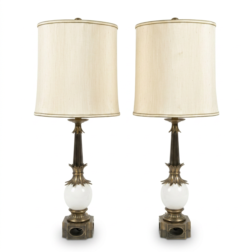 Pareja de Lámparas de Mesa Mid-Century en Bronce Patinado y Porcelana