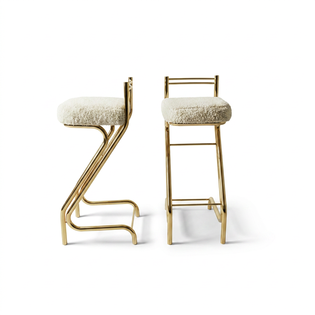 Pareja de Taburetes de Bar Mid-Century Z-Frame en Acabado Dorado y Shearling Natural