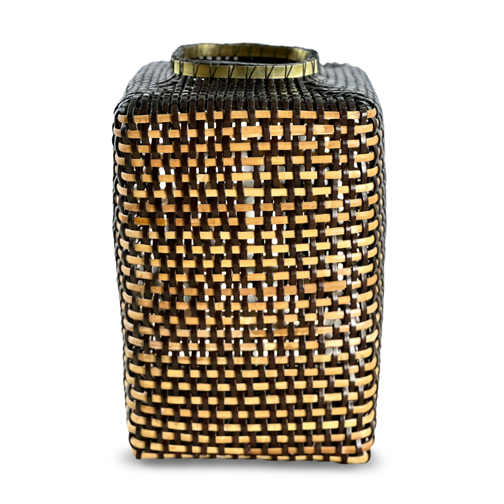 Cesta Chinese Tibor en Cuero y Caña - Dark Brown & Off White