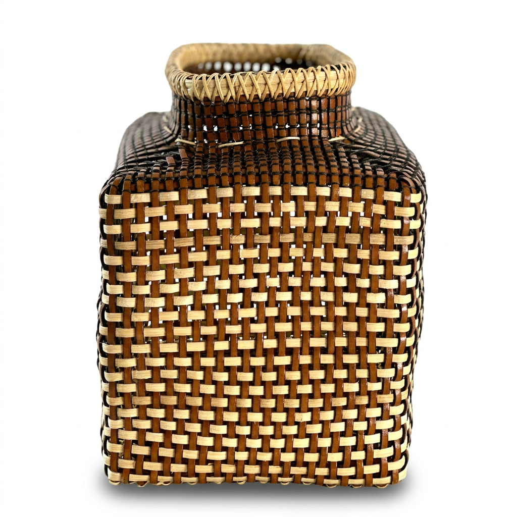 Cesta Japanese Ikebana en Cuero y Caña - Cognac & Off White