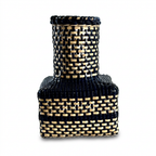 Cesta Japanese Ikebana en Cuero y Caña - Navy & Off White