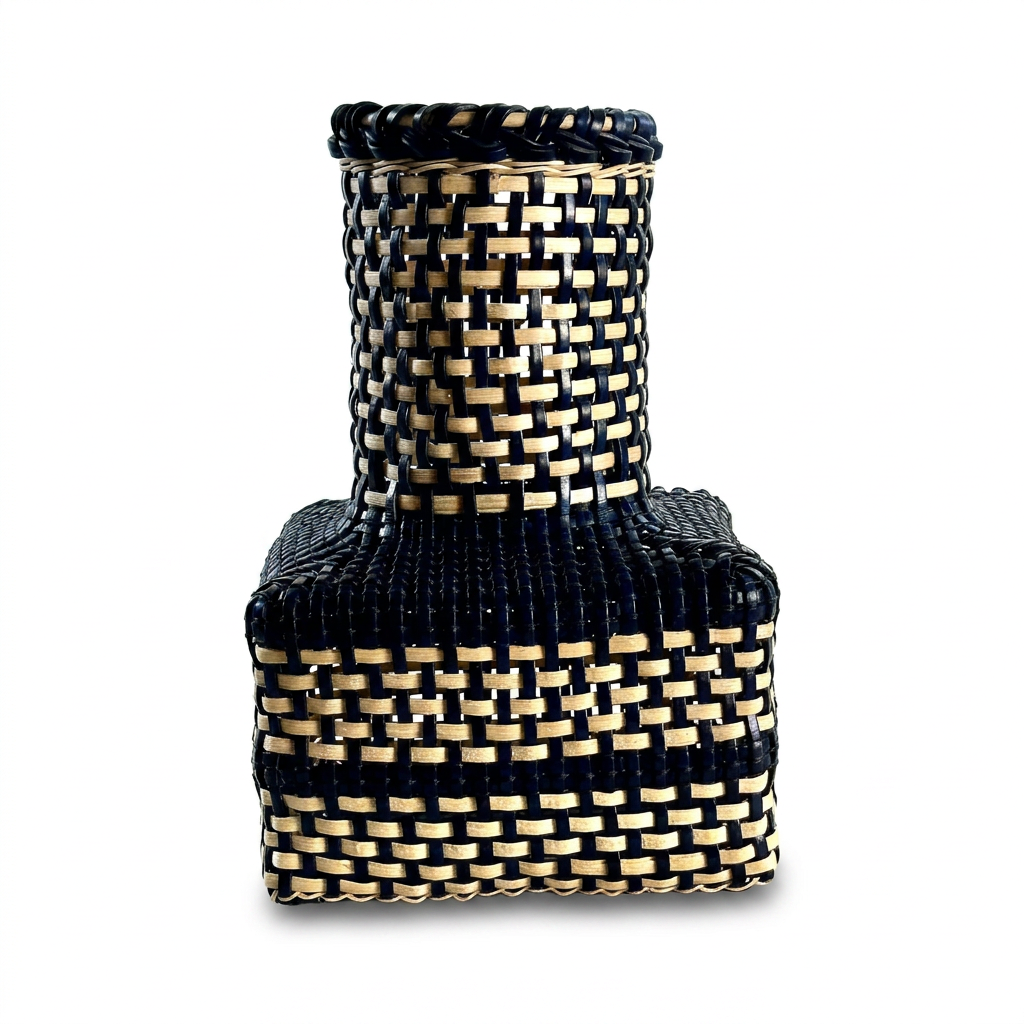 Cesta Japanese Ikebana en Cuero y Caña - Navy & Off White