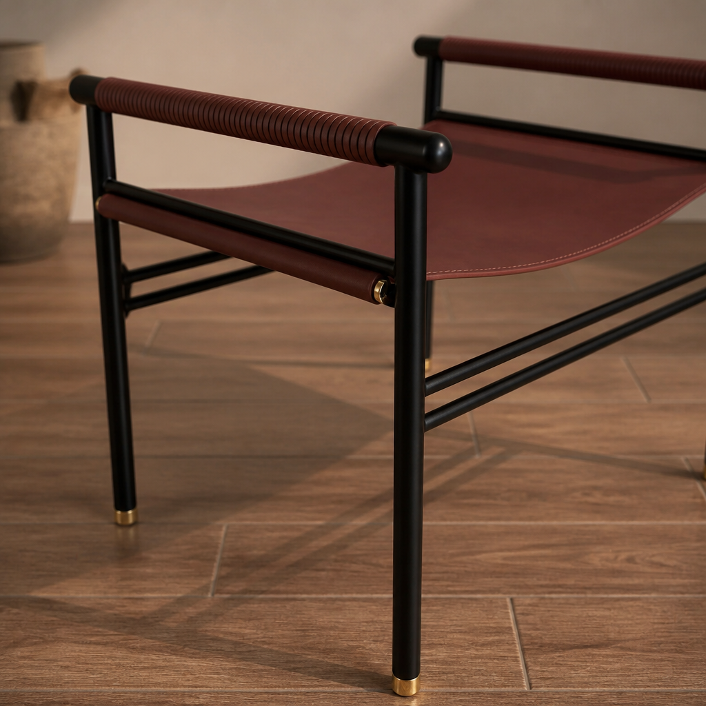Repose Footstool - Handcrafted with cowhide leather & powder-coated steel