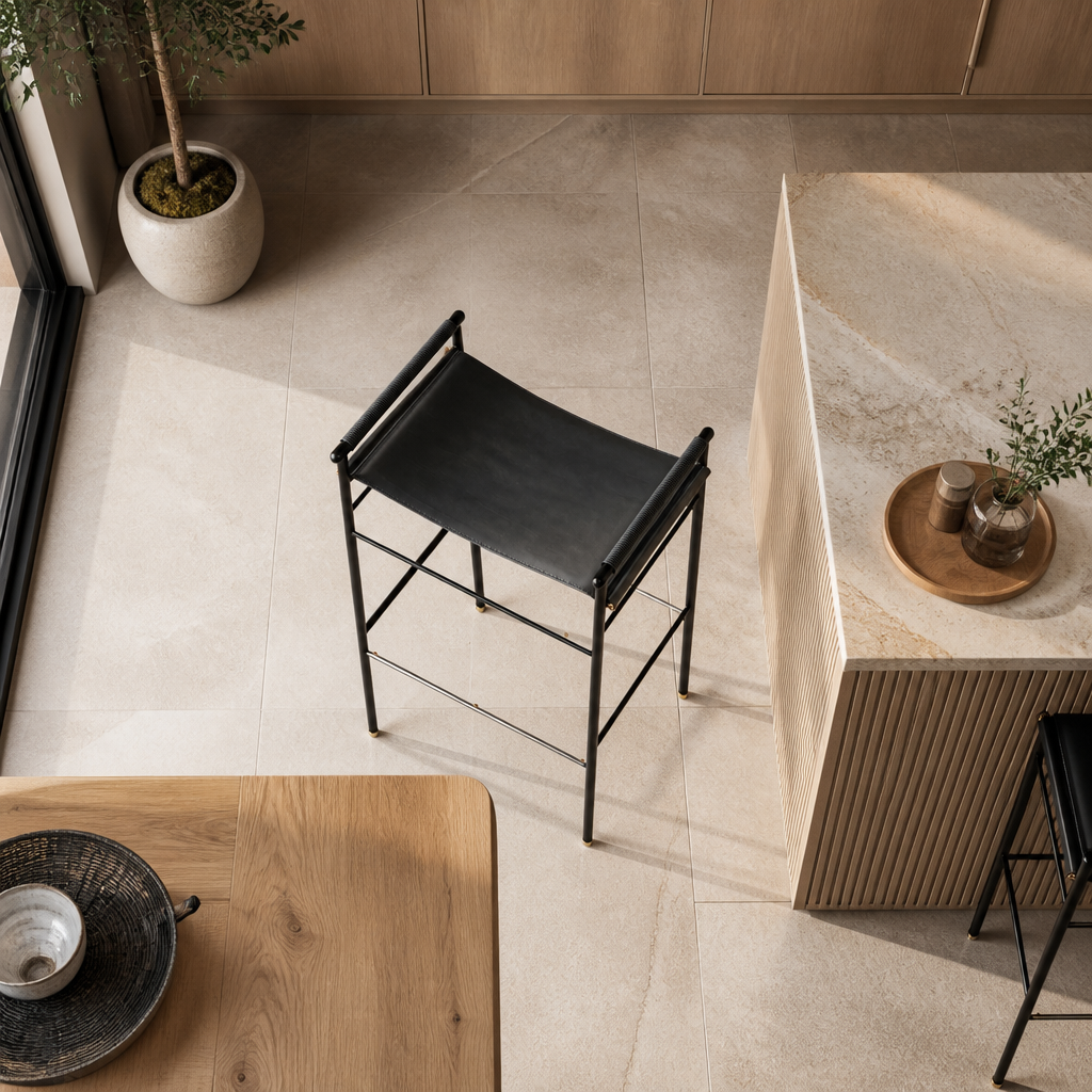 Repose Bar Stool - Handcrafted with cowhide leather and brass accents
