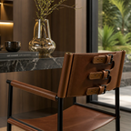 Repose Bar Stool with Backrest - Cowhide Leather with Brass Accents
