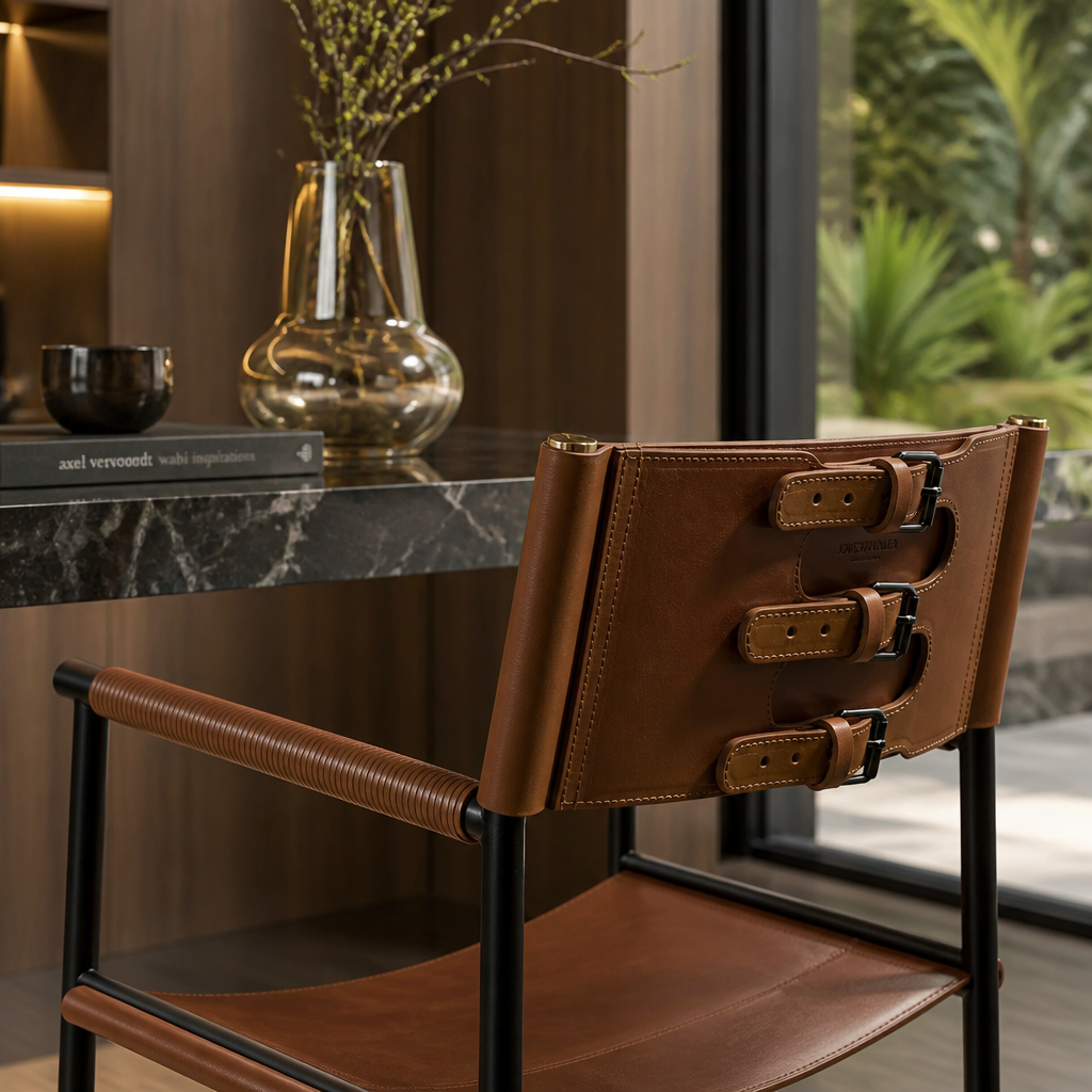 Repose Bar Stool with Backrest - Cowhide Leather with Brass Accents