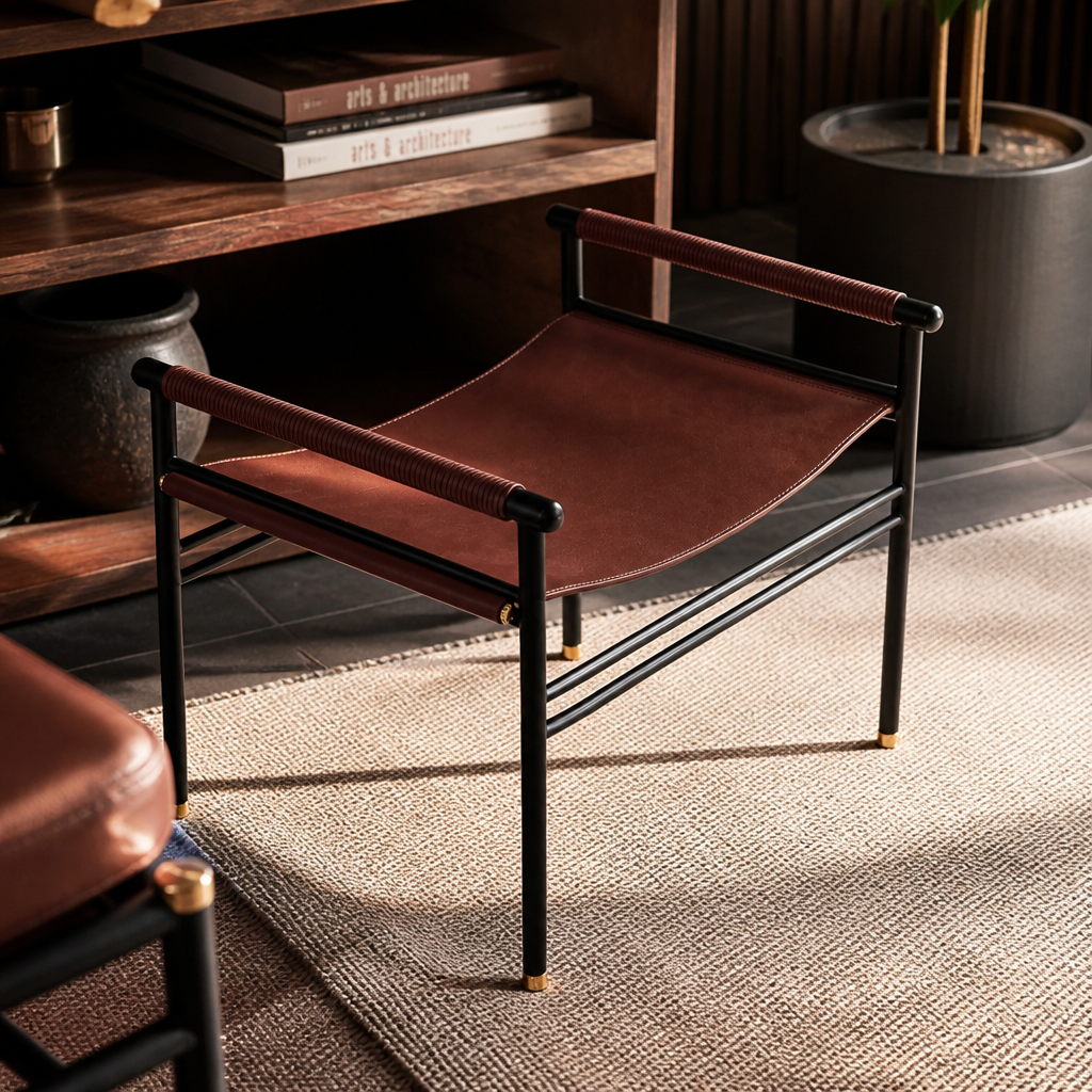 Repose Footstool - Handcrafted with cowhide leather & powder-coated steel