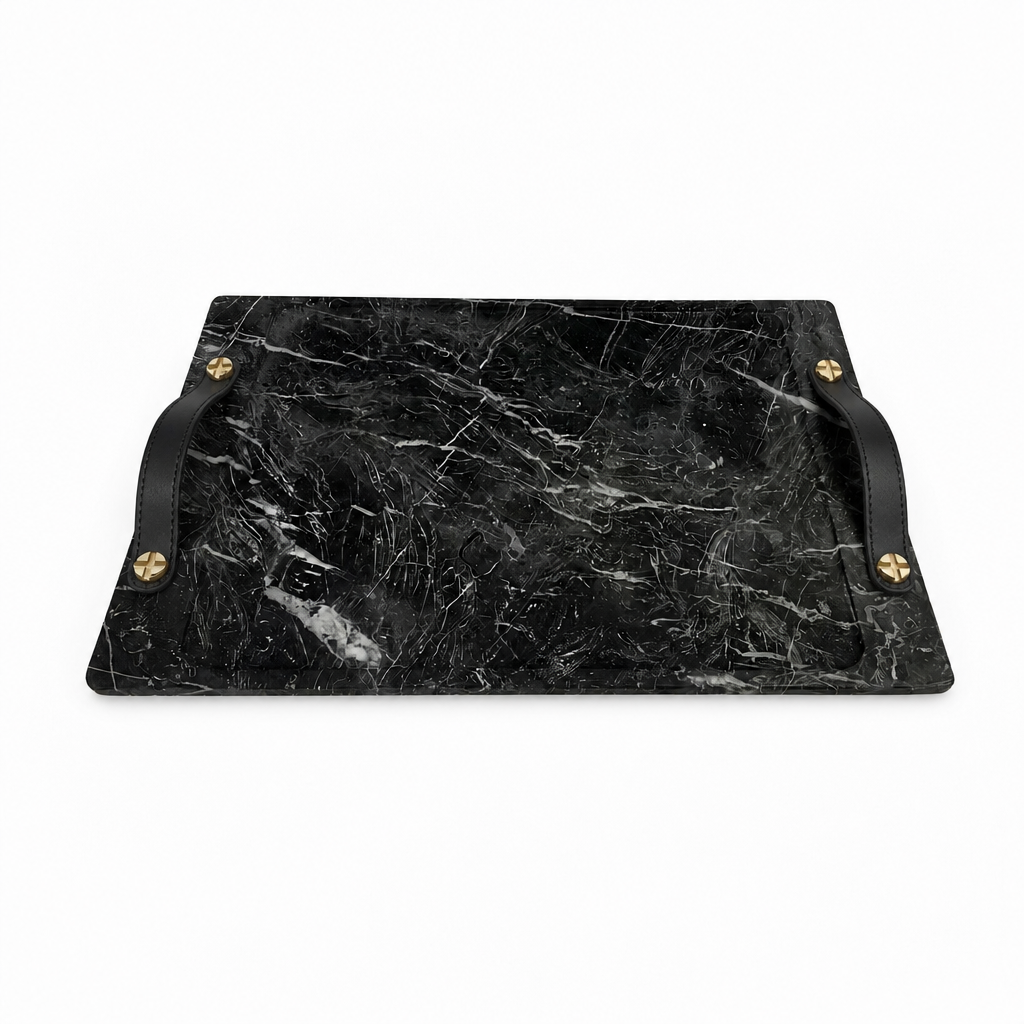 Marquina Marble Barneys Tray with Leather and Brass Accents