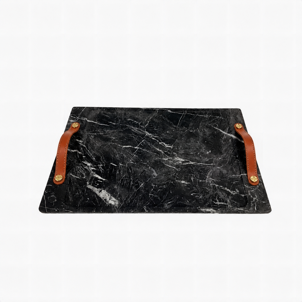 Marquina Marble Barneys Tray with Leather and Brass Accents