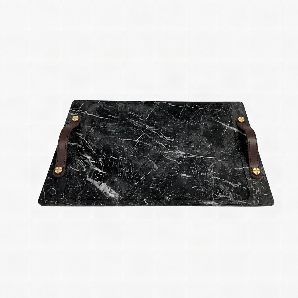 Marquina Marble Barneys Tray with Leather and Brass Accents