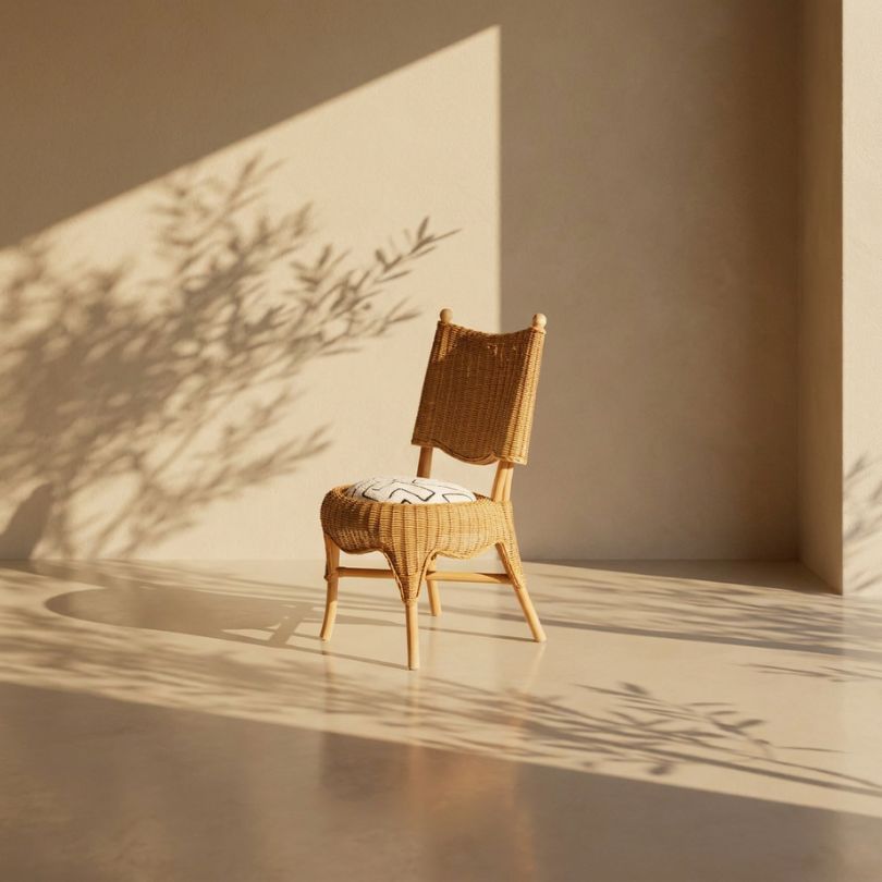 French Riviera rattan dining chair with premium upholstery in a minimalist space with natural light