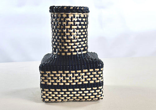 Cesta Japanese Ikebana en Cuero y Caña - Navy & Off White