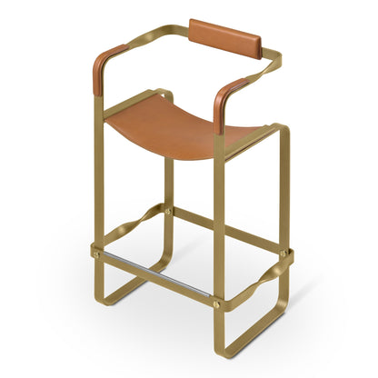 Wanderlust Bar Stool with Backrest, Handcrafted in Leather & Metal