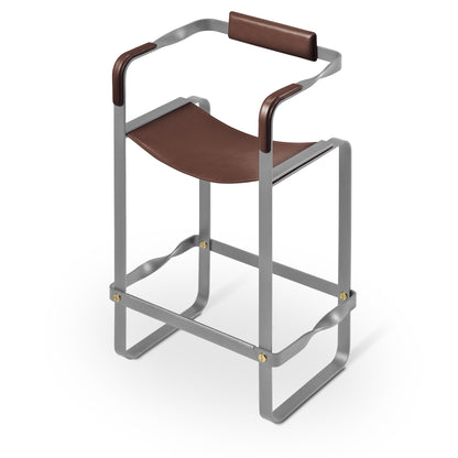 Wanderlust Bar Stool with Backrest, Handcrafted in Leather & Metal