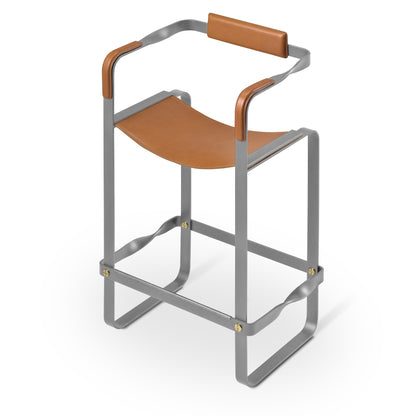 Wanderlust Bar Stool with Backrest, Handcrafted in Leather & Metal