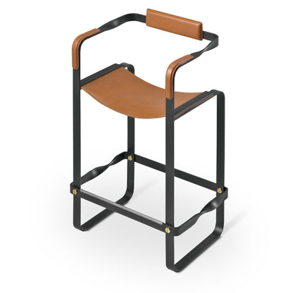 Wanderlust Bar Stool with Backrest, Handcrafted in Leather & Metal