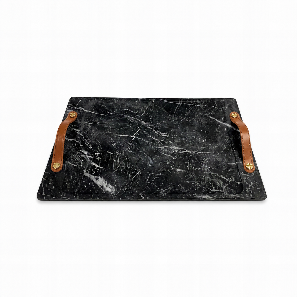 Marquina Marble Barneys Tray with Leather and Brass Accents