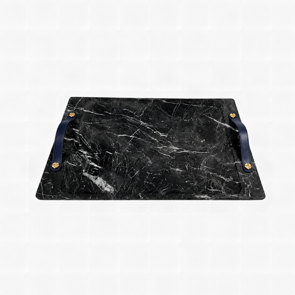 Marquina Marble Barneys Tray with Leather and Brass Accents
