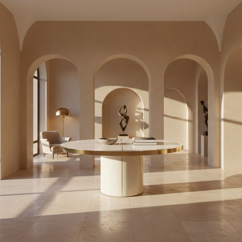 Oval dining table with brass edge and decorative sculpture in an arched room with warm light