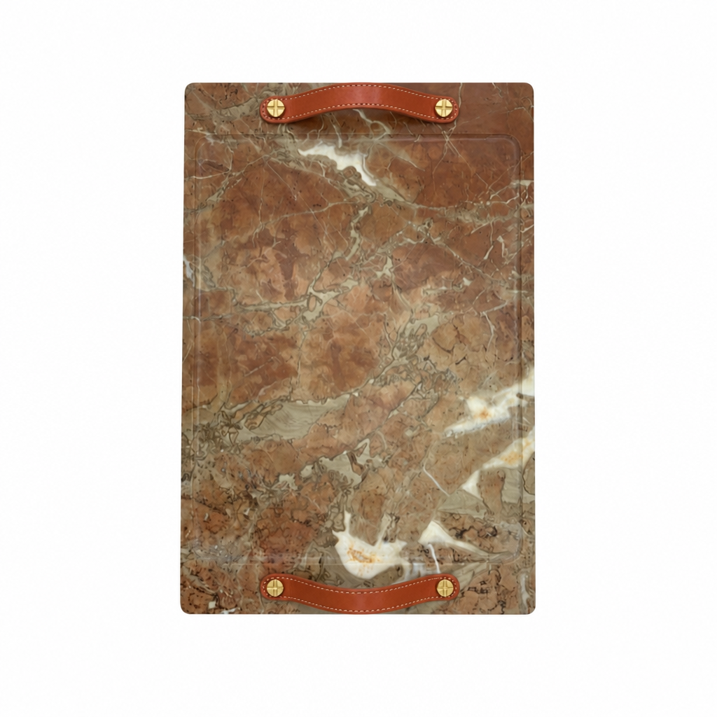Rosa Marble Barneys Tray with Leather and Brass Accents