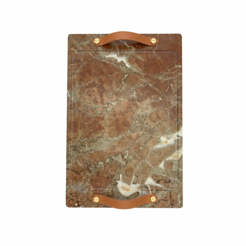 Rosa Marble Barneys Tray with Leather and Brass Accents