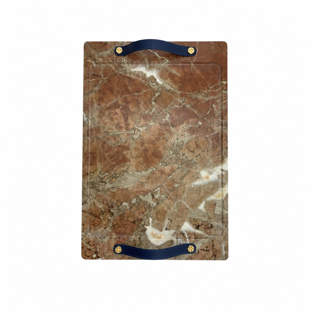 Rosa Marble Barneys Tray with Leather and Brass Accents