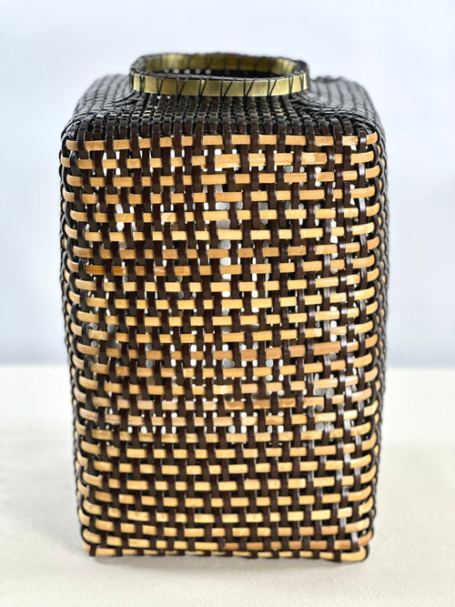 Cesta Chinese Tibor en Cuero y Caña - Dark Brown & Off White
